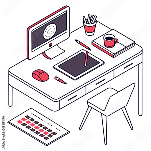 Isometric designer workstation with computer screen and graphics tablet workspace isometric
