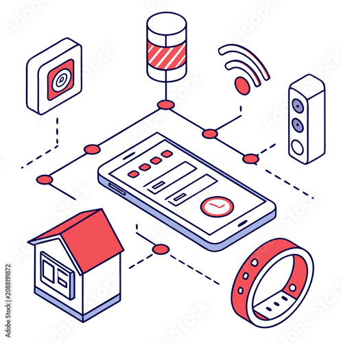 Internet of things concept with isometric connected smart home devices and smartphone interface