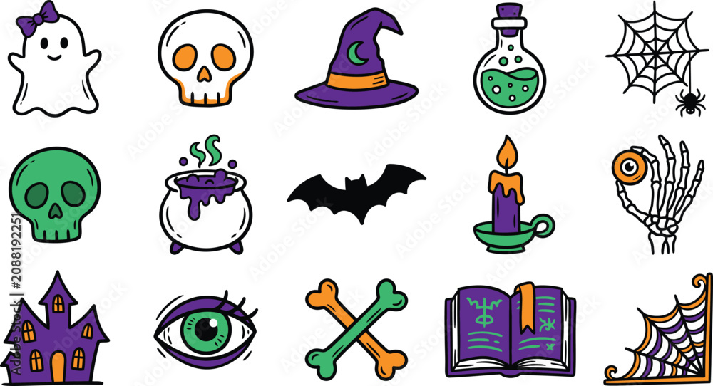 Naklejka premium Halloween doodle icons set spooky symbols and characters for festive designs