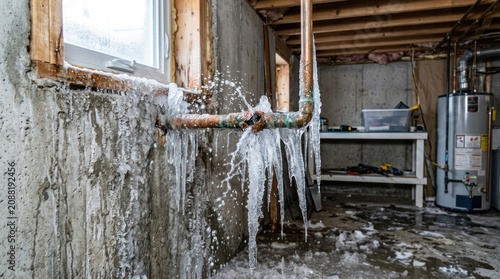 Frozen Burst Pipe Causing Water Damage in Neglected Basement.