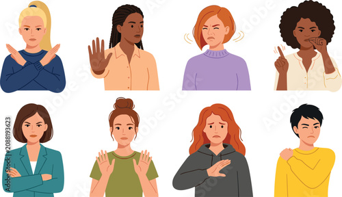 Photos Diverse Women and Men Showing Rejection and Negative Emotions Vector Illustratio