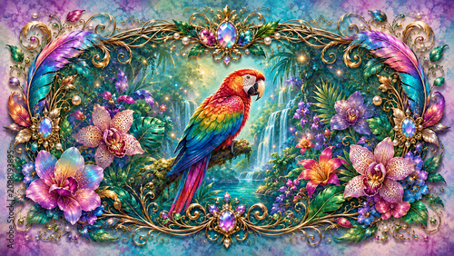 Vibrant tropical parrot in a lush fantasy rainforest with waterfalls, orchids, sparkling lights, jewel ornaments, golden filigree and colorful floral border details. Rich decorative illustration for e