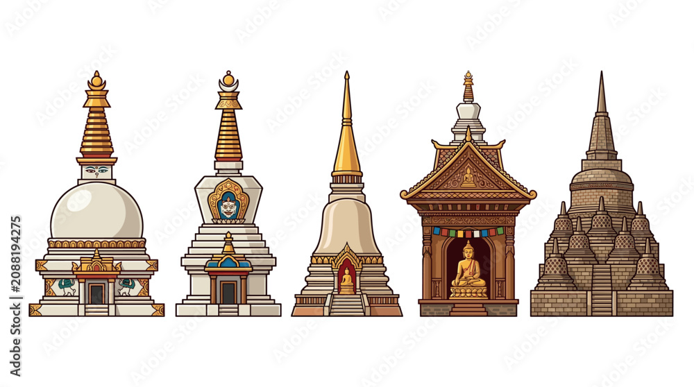 Obraz premium Buddhist temples and stupas collection showcasing various traditional Asian religious architectural designs and sacred structures.