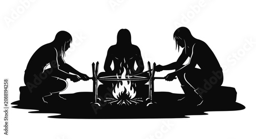Black and white silhouette of three ancient tribe members gathered around a campfire cooking on spits, minimalist vector illustration of primitive communal life on white background.