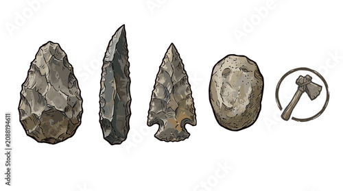 Various ancient stone tools and primitive artifacts from prehistoric times, including arrowheads, blades, and a hand axe icon, illustrating early human technology.