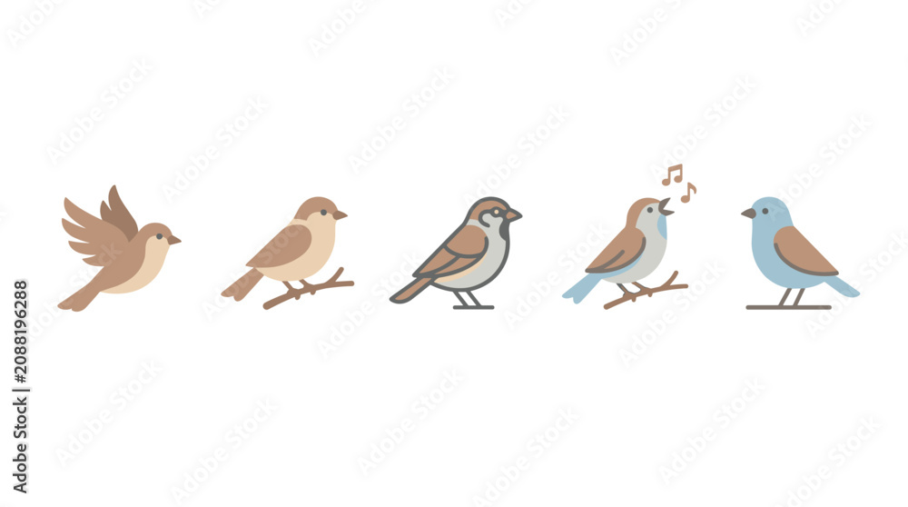 Obraz premium Five cute cartoon sparrows are depicted in various poses including flying, perching, and singing, showcasing their charming nature.