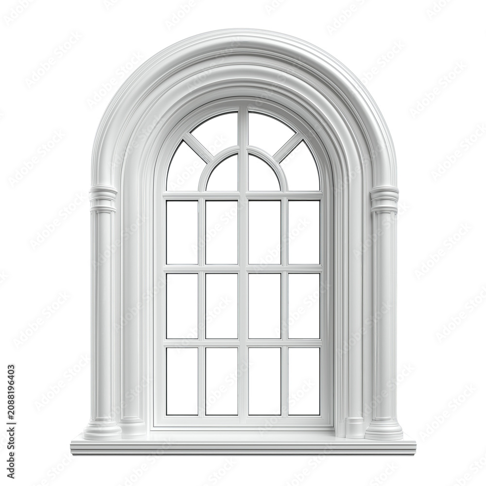 Obraz premium Classic arched window with decorative columns and white frame isolated on transparent background