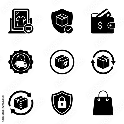Collection of nine black glyph related to online shopping, shipping, security, and finance, featuring boxes, wallets, and bags
