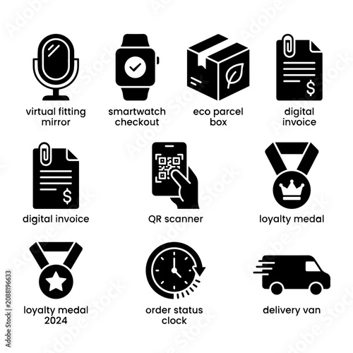 Collection of nine black for e-commerce and logistics featuring a virtual mirror, smartwatch, parcel, invoice, scanner, and delivery