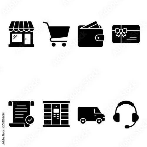 Eight black flat representing e-commerce, retail, shopping, financial transactions, and delivery services on a clean white background