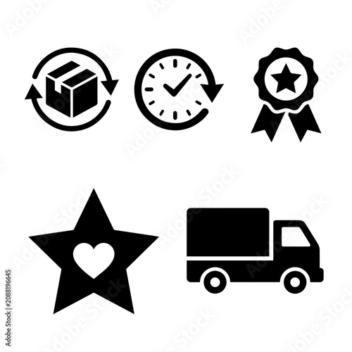 Five black glyph showing package return, delivery time tracking, badge, heart star rating, and delivery truck service