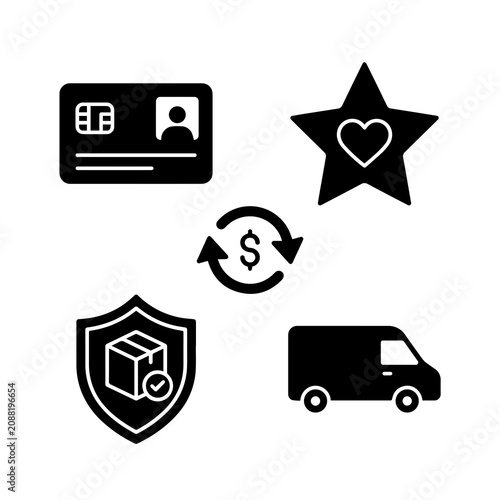 Five black glyph representing e-commerce and financial services, featuring credit cards, star ratings, currency exchange, and secure shipping