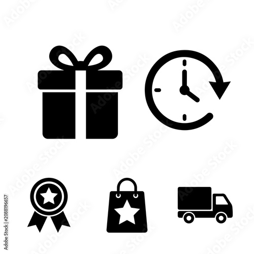 Five black glyph representing gift packaging, delivery time tracking, badge, shopping bag, and delivery truck