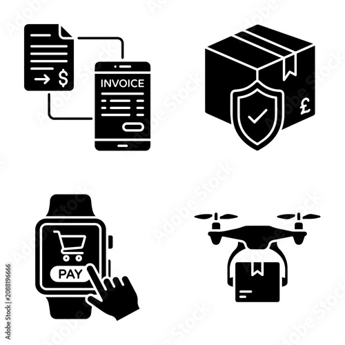 Four black glyph illustrating digital invoicing, secure package delivery, smartwatch payment, and drone courier parcel transport service
