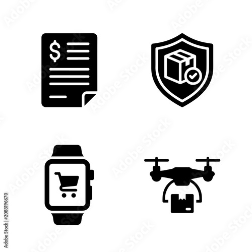 Four black glyph showing financial invoice, secure package delivery, smartwatch shopping, and drone parcel delivery service symbols