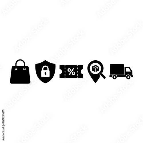 Horizontal row of black shopping and logistics including a shopping bag, security shield with padlock, discount coupon, location pin, and truck