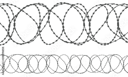 Konstfotografi Black and white coiled concertina razor wire seamless horizontal borders with sh