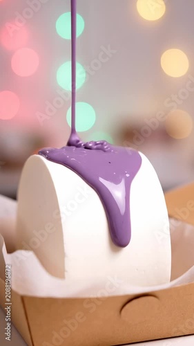 A close-up shot of purple syrup being poured over a white dessert in a brown cardboard box on a table with colorful lights.