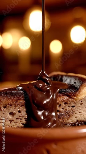 Rich chocolate sauce being poured over a slice of toasted bread in a dimly lit room with warm lighting.