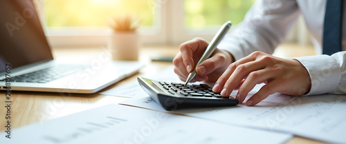 Accountant using calculator and laptop on desk with financial documents and charts on table.