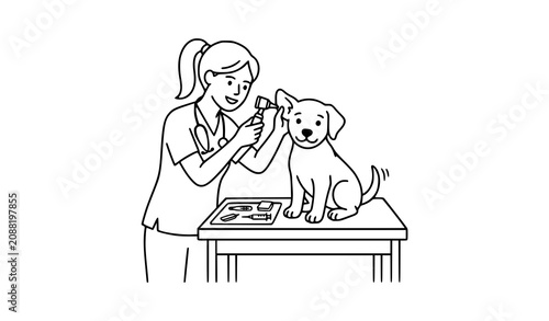 Schilderij op canvas Veterinarian examining dog's ear with otoscope line art illustration