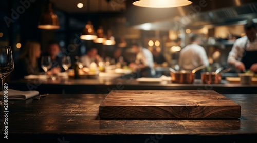 Rustic wooden cutting board on a dark table, set against a blurred, warm-lit professional kitchen and dining area background.