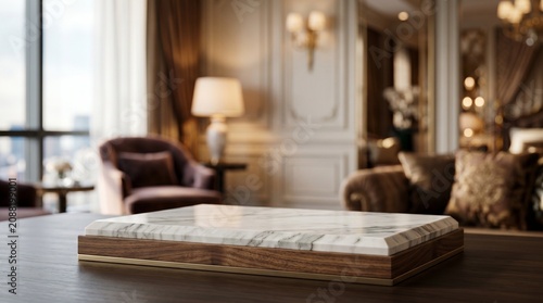 Elegant marble and wood display platform on a table in a luxurious, blurred hotel suite interior with warm lighting and a city view.