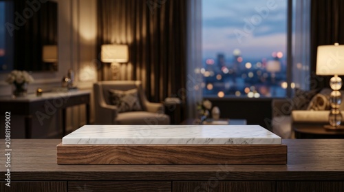 A marble and wood pedestal sits on a dark table in the foreground of a luxurious hotel suite with a blurred city skyline view at night.
