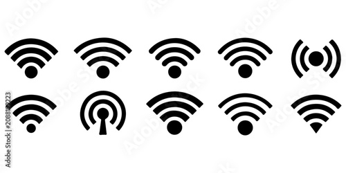Wireless WiFi signal icon collection with internet connectivity vector symbols
Modern WiFi network icon pack in black outline and glyph vector style