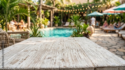 Close-up of a rustic white-washed wooden table surface with a blurred tropical resort background featuring a swimming pool, palm trees, and lights.