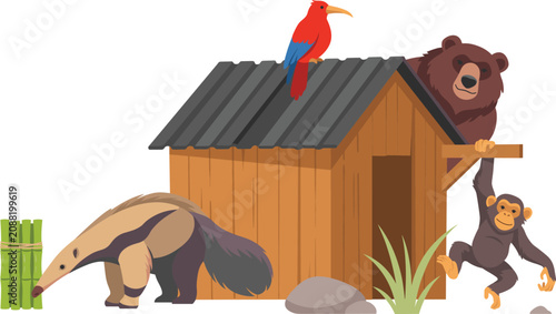 Photography Wild Animals and Wooden Cabin Vector Set with Anteater Bear Chimpanzee Parrot Gr