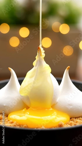 Golden sauce drips onto meringue peaks on a crumbly base in a dimly lit room with blurred lights.