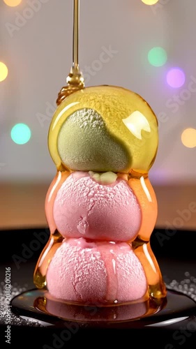 A stack of colorful ice cream scoops drizzled with syrup under a festive light display.