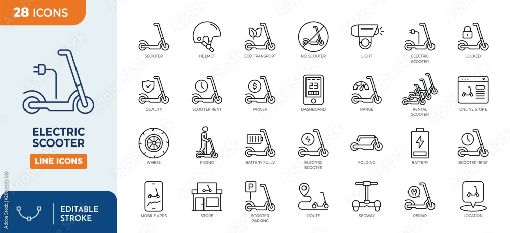 Fototapeta premium Electric scooter line editable icon set. Contain icons related to electric scooter. Editable stroke. Vector illustration