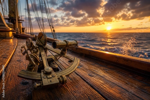 Antique sextant on weathered sailboat deck pointing towards dramatic sunset horizon.