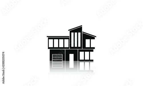 Modern Suburban House Silhouette Icon with Reflection
