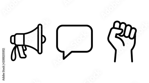 Social Activism Icons Set: Megaphone, Speech Bubble, and Raised Fist