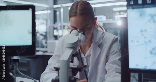 Caucasian Female Scientist Looks into Microscope Examining Molecular Samples While Data Displays on Monitors in Advanced Hospital Laboratory as Colleagues Pursue Drug Development for Disease Cures