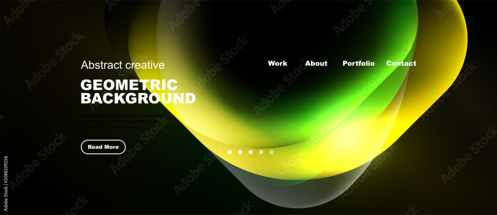 Naklejka premium Abstract design features vibrant yellow, green gradients. Dark background highlights text, navigation elements. Modern aesthetic.
