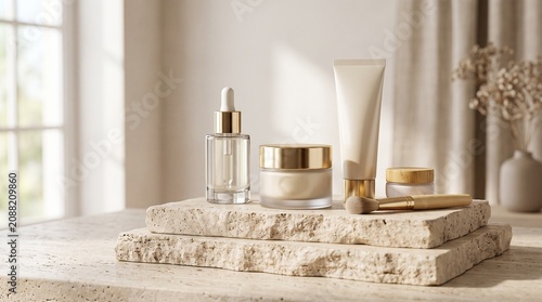 Luxurious skincare products including a serum dropper and face cream jars arranged on tiered stone slabs in a bright, minimalist, sunlit setting.