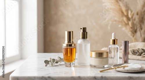 Luxury skincare products including oils, serums, and creams on a marble countertop with pampas grass and natural light.