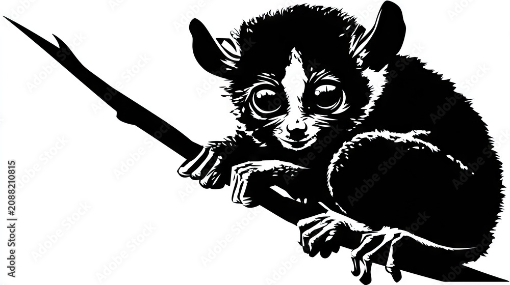 Obraz premium Graphic representation of a small primate with large eyes clinging to a slender branch