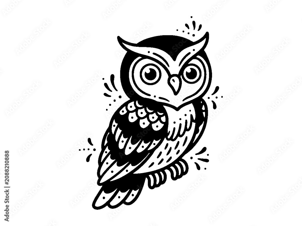 Fototapeta premium Tattoo Style Owl Illustration: A stylized, graphic illustration of an owl in a bold, black and white tattoo art style, featuring intricate feather details and expressive eyes.