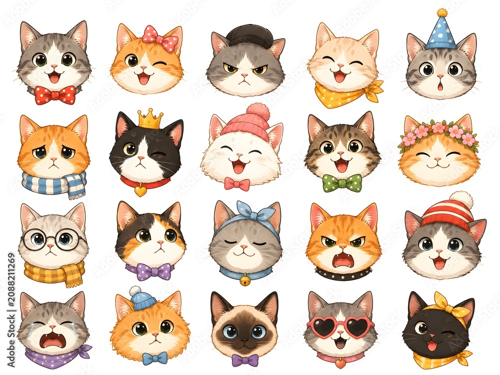 Fototapeta premium Diverse cat breeds collection, group of thirteen different pedigree cats on white background, feline variety set for veterinary and pet care marketing