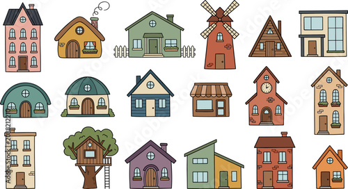 Fotografie Collection of Cute Hand Drawn Cartoon Houses and Home Buildings with Unique Arch