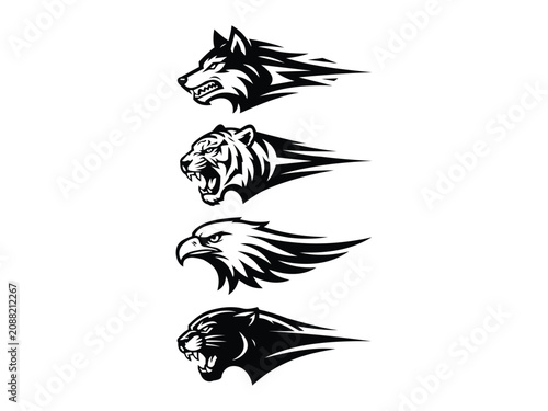 Photography Set of wild animal head silhouettes for sports team logos featuring a wolf, tiger, eagle, and panther on white background