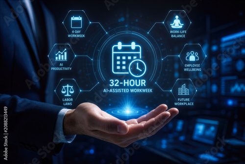 32-Hour AI-Assisted Workweek concept with business person presenting four-day workweek AI productivity labor laws work-life balance employee wellbeing future workplace Scandinavian adoption