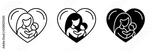Bild auf Leinwand Mother and Child Love Icons, Family Embrace Heart Symbols, Parental Care Vector