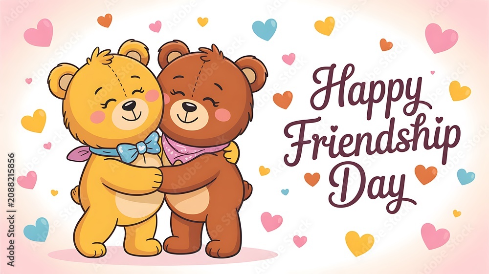 Fototapeta premium Happy friendship day illustration with two teddy bears embracing