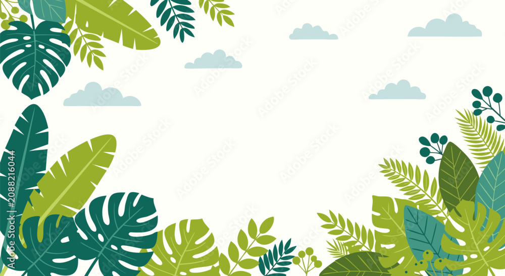 Obraz premium Tropical jungle leaves vector illustration design background featuring vibrant green exotic foliage for creative nature themed art projects